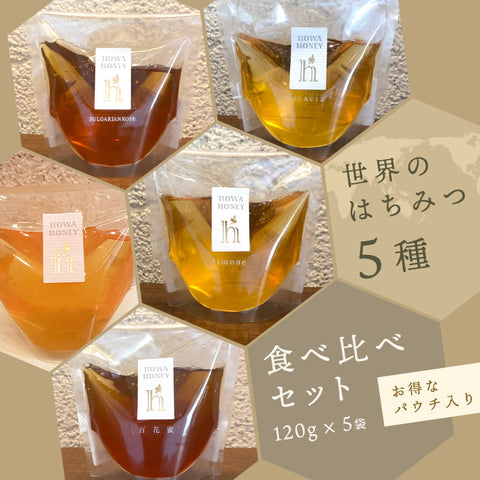 蜂和産業　世界のハチミツ5種 食べ比べセット 120g×5袋 パウチ入り