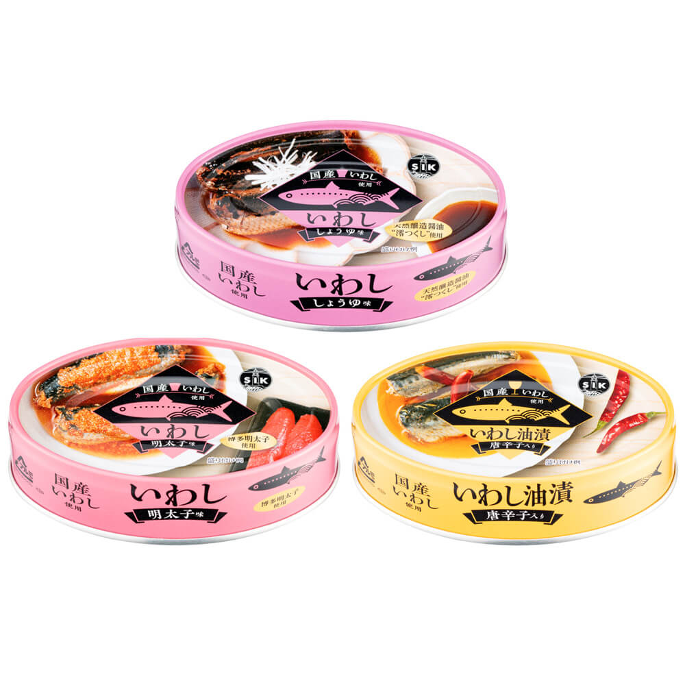 100g×各8缶　FUN　–　JAPAN-BRAND　信田缶詰　国産いわし3種(しょうゆ味・油漬け・明太子味)