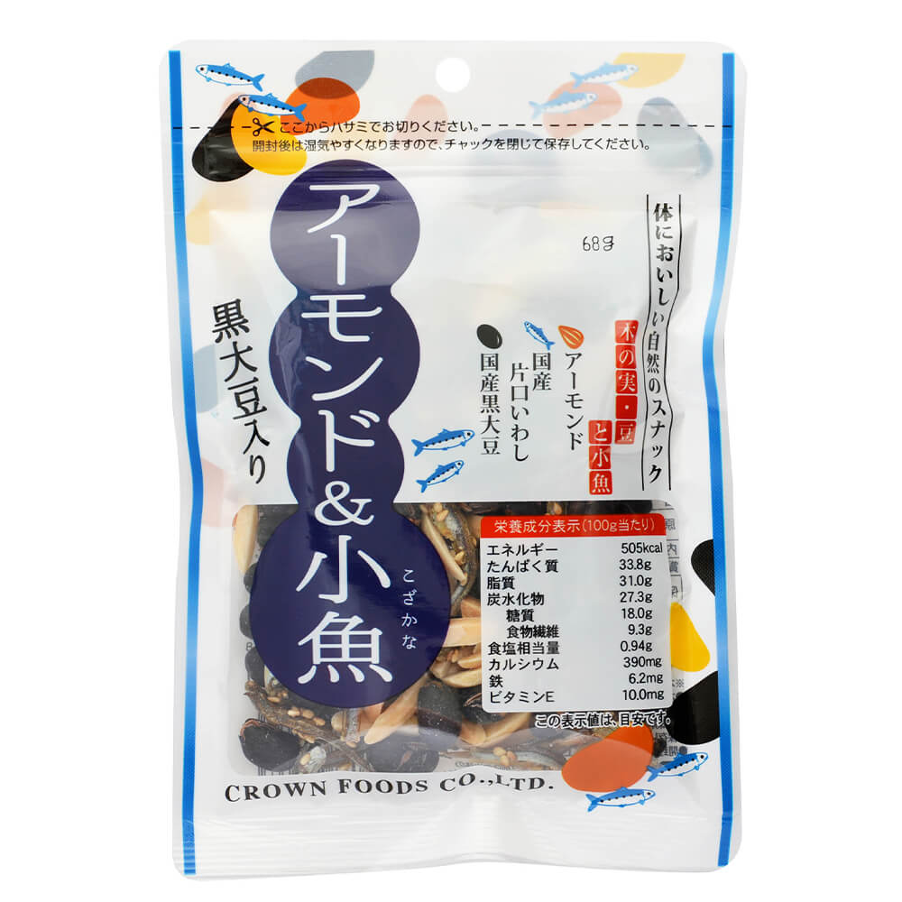 FUN　黒大豆入り　JAPAN-BRAND　10袋セット]クラウンフーヅ　–　アーモンド＆小魚　68g